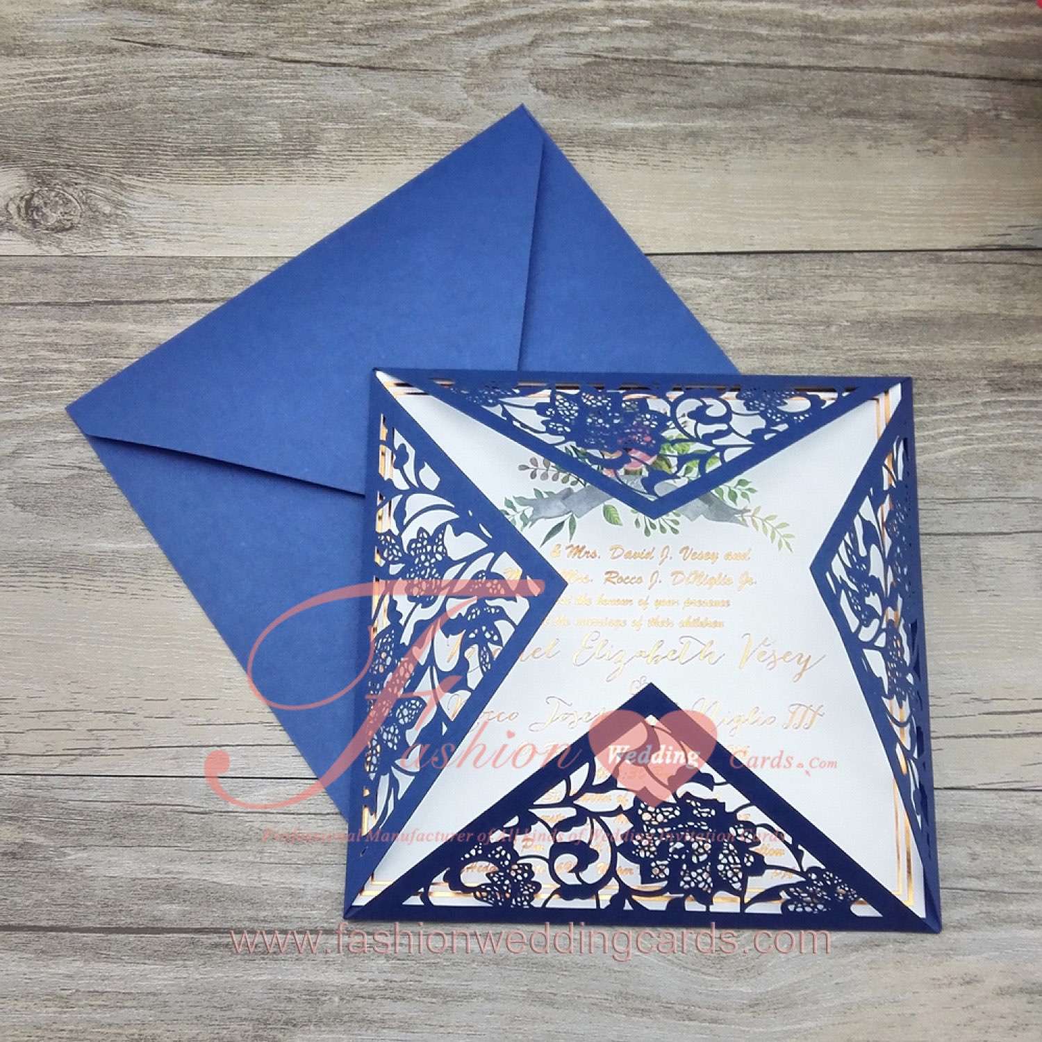 Cheap Navy Blue and White Laser Cut Wedding Invitations